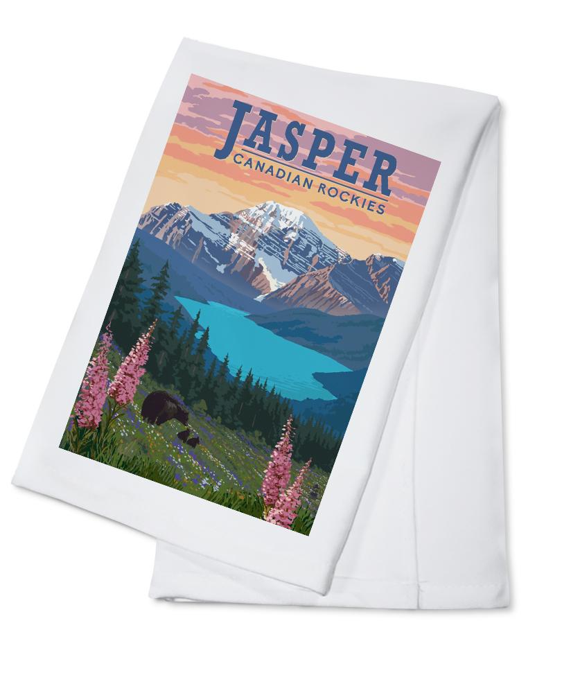 Jasper, Canada, Bear & Spring Flowers, Lantern Press Artwork, Towels and Aprons Kitchen Lantern Press Cotton Towel 