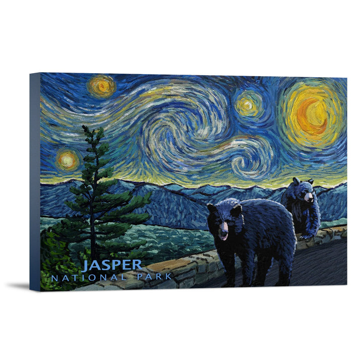 Jasper, Canada, Black Bears, Starry Night, Lantern Press Artwork, Stretched Canvas Canvas Lantern Press 12x18 Stretched Canvas 