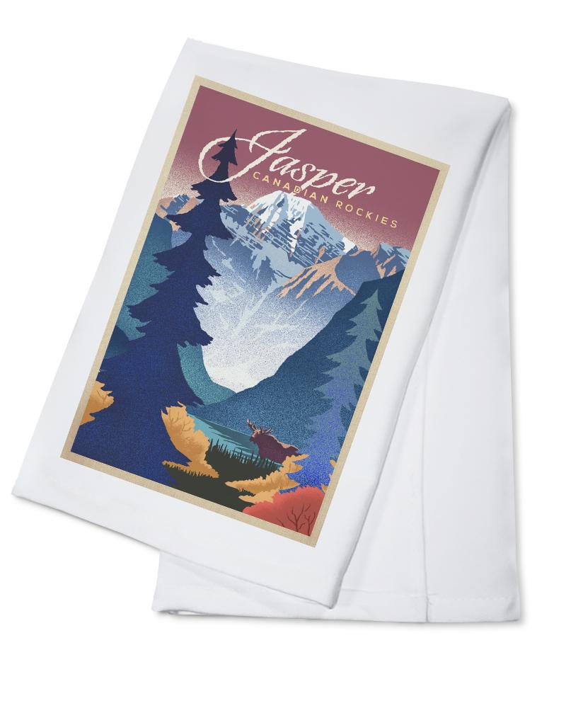 Jasper, Canada, Canadian Rockies, Mountain Scene, Lithograph, Lantern Press Artwork, Towels and Aprons Kitchen Lantern Press Cotton Towel 