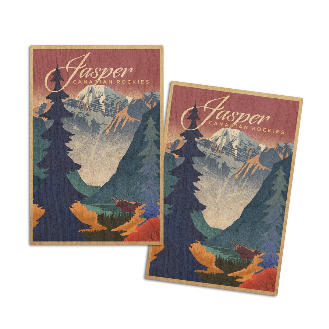 Jasper, Canada, Canadian Rockies, Mountain Scene, Lithograph, Lantern Press Artwork, Wood Signs and Postcards Wood Lantern Press 4x6 Wood Postcard Set 