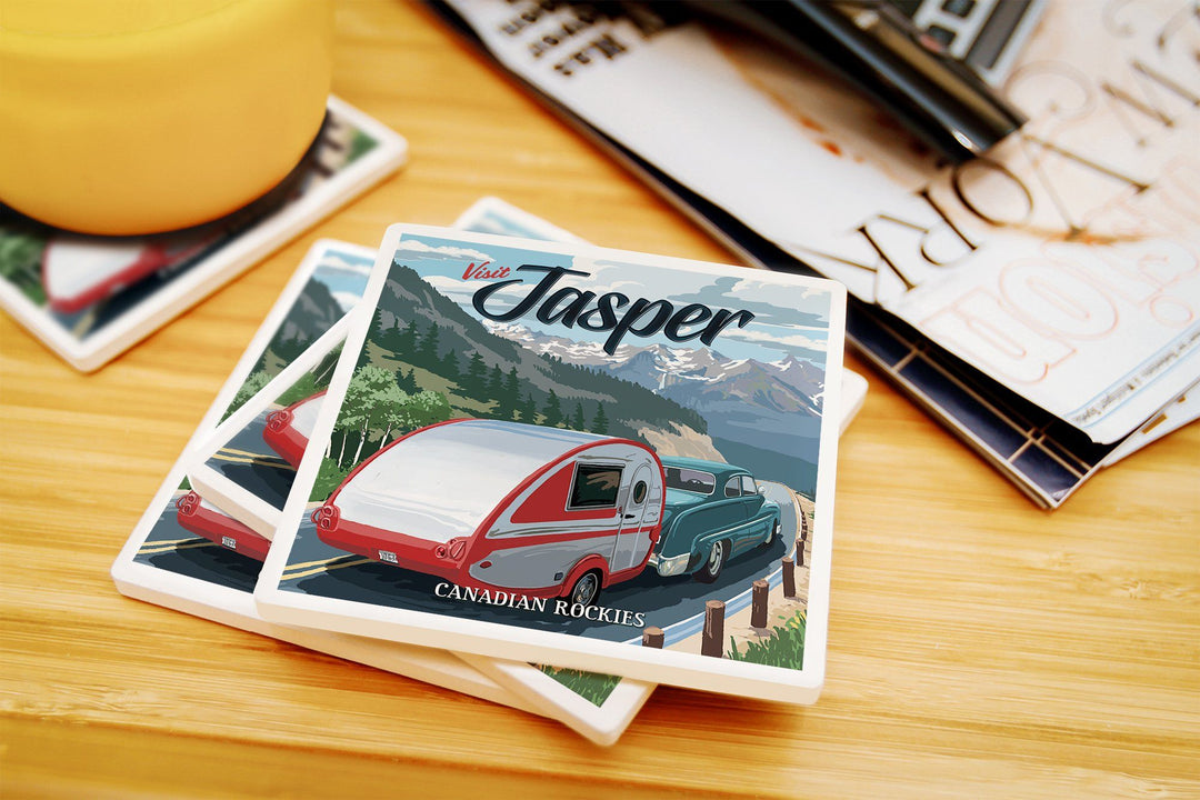 Jasper, Canada, Canadian Rockies, Retro Camper, Visit, Lantern Press Artwork, Coaster Set Coasters Lantern Press 