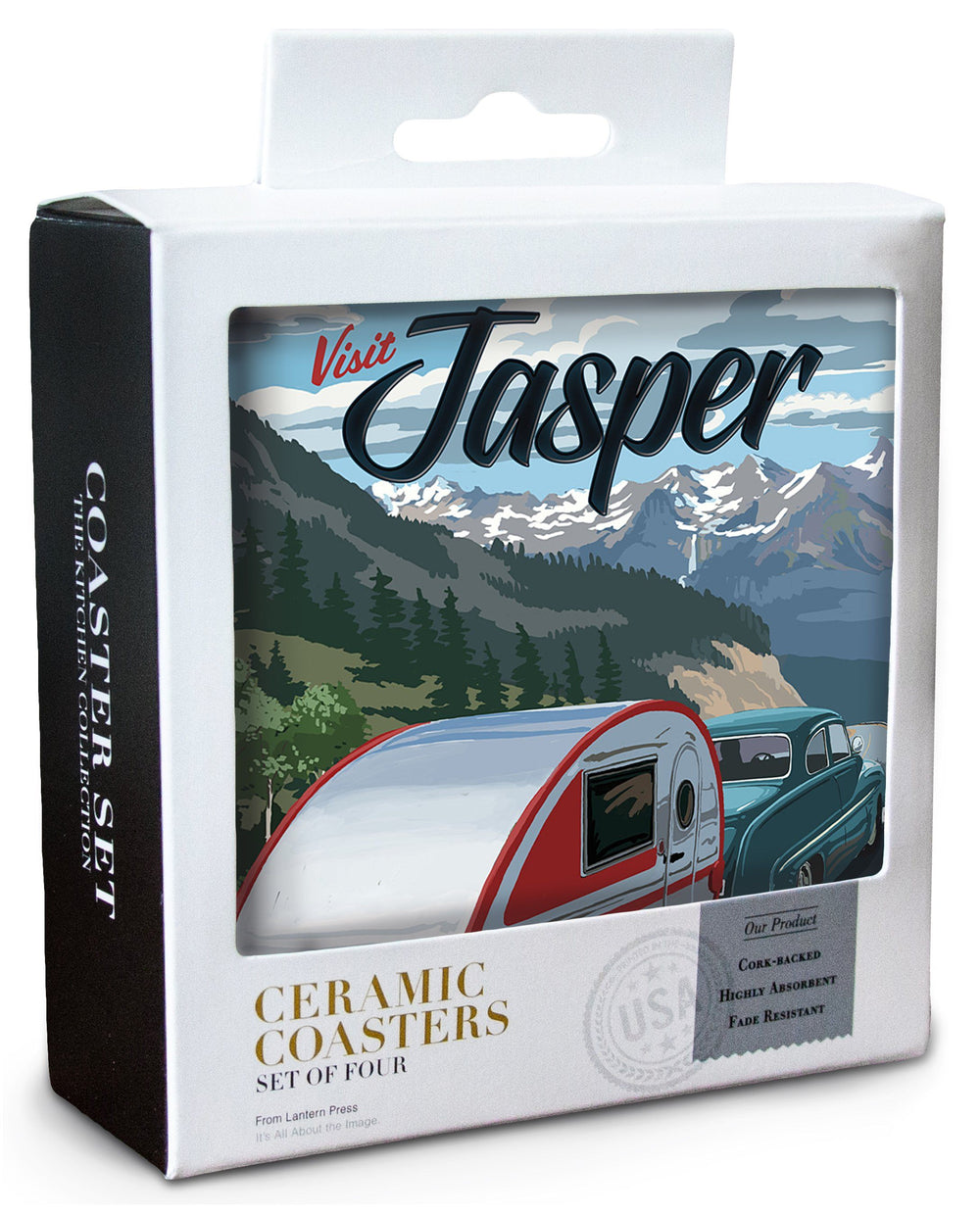 Jasper, Canada, Canadian Rockies, Retro Camper, Visit, Lantern Press Artwork, Coaster Set Coasters Lantern Press 