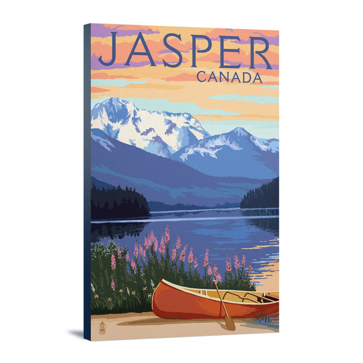 Jasper, Canada, Lake Scene & Canoe, Lantern Press Artwork, Stretched Canvas Canvas Lantern Press 12x18 Stretched Canvas 