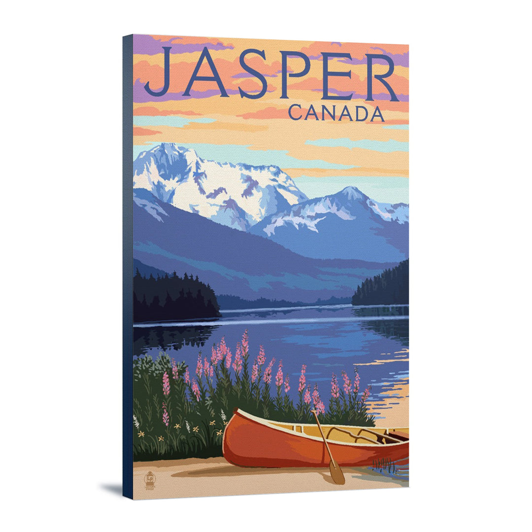 Jasper, Canada, Lake Scene & Canoe, Lantern Press Artwork, Stretched Canvas Canvas Lantern Press 16x24 Stretched Canvas 