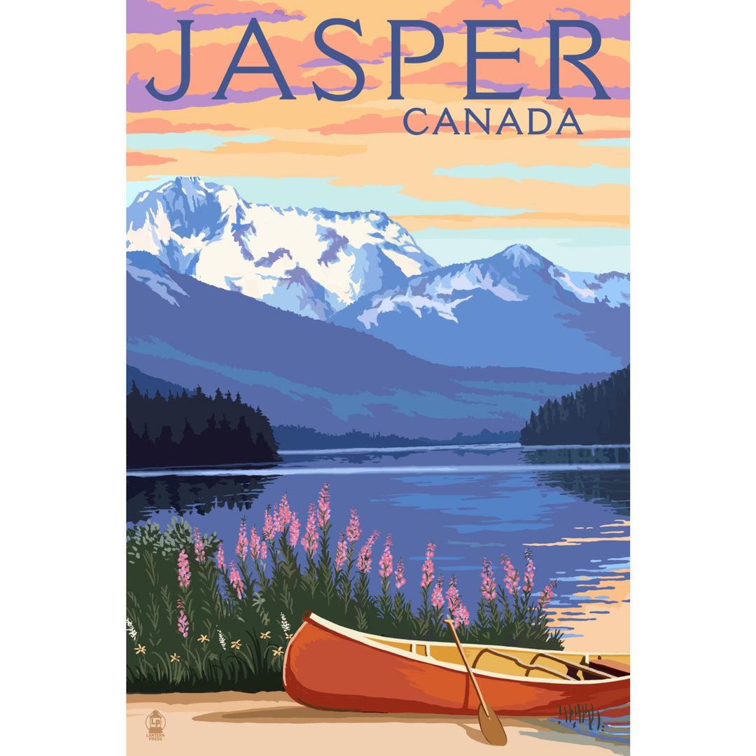 Jasper, Canada, Lake Scene & Canoe, Lantern Press Artwork, Towels and Aprons Kitchen Lantern Press 