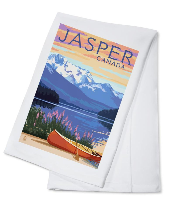 Jasper, Canada, Lake Scene & Canoe, Lantern Press Artwork, Towels and Aprons Kitchen Lantern Press 