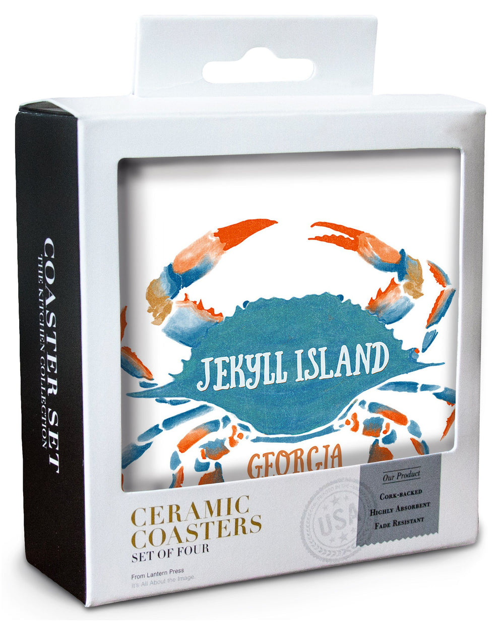 Jekyll Island, Georgia, Blue Crab, Watercolor, Contour, Lantern Press Artwork, Coaster Set Coasters Lantern Press 