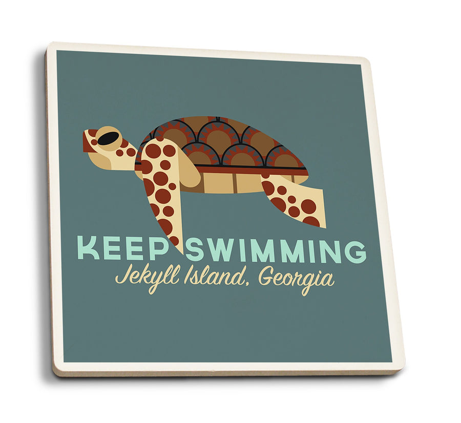 Jekyll Island, Georgia, Sea Turtle, Keep Swimming, Geometric, Contour, Lantern Press Artwork, Coaster Set Coasters Lantern Press 