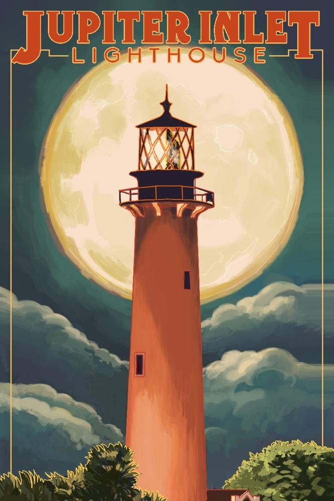 Jupiter, Florida, Jupiter Lighthouse and Moon, Lantern Press Artwork, Art Prints and Metal Signs Art Lantern Press 12 x 18 Art Print 