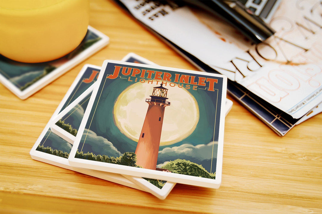 Jupiter, Florida, Jupiter Lighthouse and Moon, Lantern Press Artwork, Coaster Set Coasters Lantern Press 