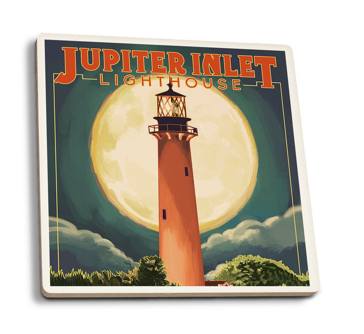 Jupiter, Florida, Jupiter Lighthouse and Moon, Lantern Press Artwork, Coaster Set Coasters Lantern Press 