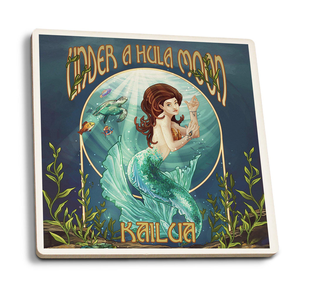 Kailua, Hawaii, Under a Hula Moon, Mermaid, Lantern Press Artwork, Coaster Set Coasters Lantern Press 