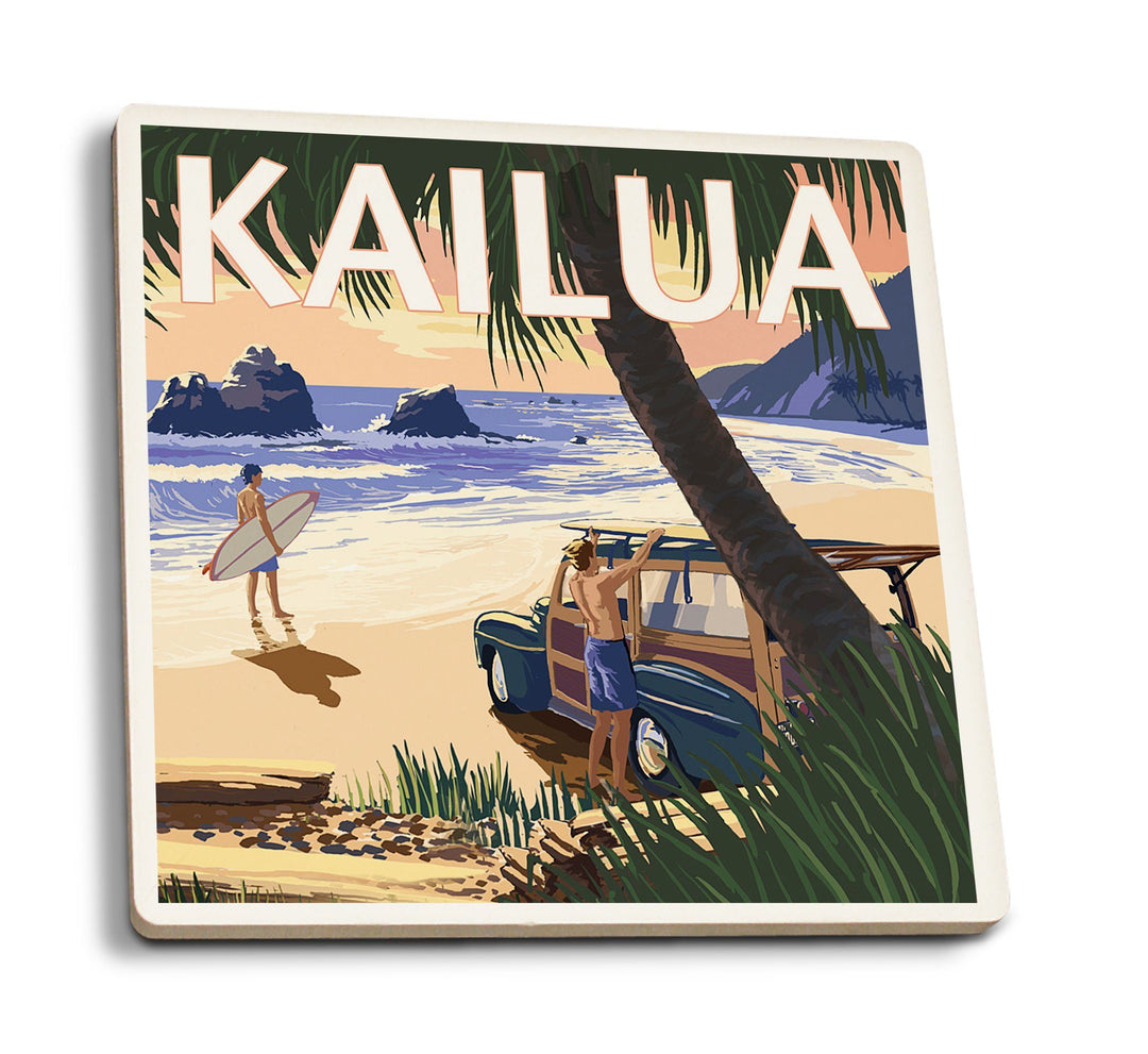 Kailua, Hawaii, Woody on Beach, Lantern Press Artwork, Coaster Set Coasters Lantern Press 
