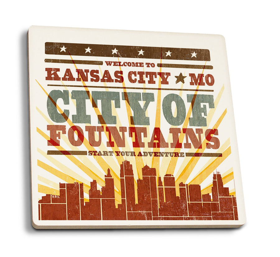 Kansas City, Missouri, Skyline & Sunburst Screenprint Style, Lantern Press Artwork, Coaster Set Coasters Lantern Press 