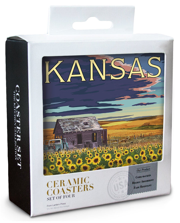 Kansas, Wheat Fields, Shack & Sunflowers, Lantern Press Artwork, Coaster Set Coasters Lantern Press 