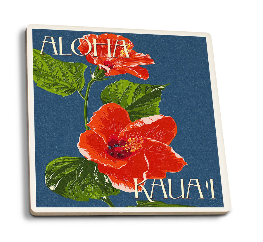 Kaua'i, Hawaii, Red Hibiscus, Lantern Press Poster, Coaster Set Coasters Lantern Press 