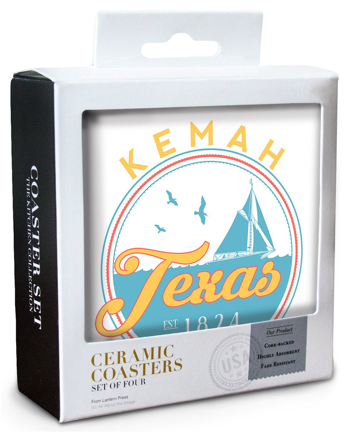 Kemah, Texas, Sail Boat Scene, Contour, Lantern Press Artwork, Coaster Set Coasters Lantern Press 