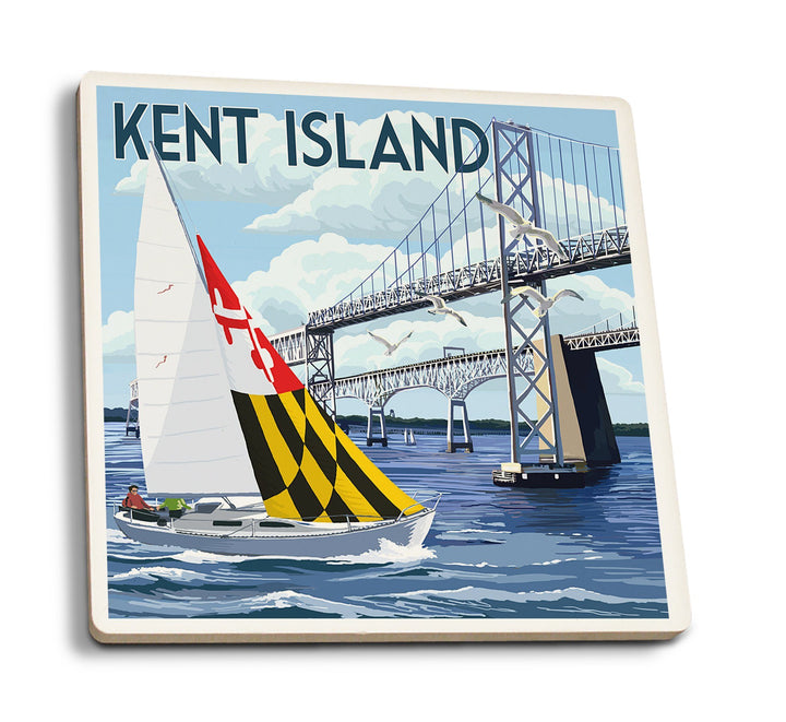 Kent Island, Maryland, Sloop Sailboat & Chesapeake Bay Bridge, Lantern Press Artwork, Coaster Set Coasters Lantern Press 
