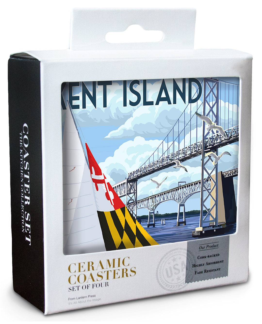 Kent Island, Maryland, Sloop Sailboat & Chesapeake Bay Bridge, Lantern Press Artwork, Coaster Set Coasters Lantern Press 