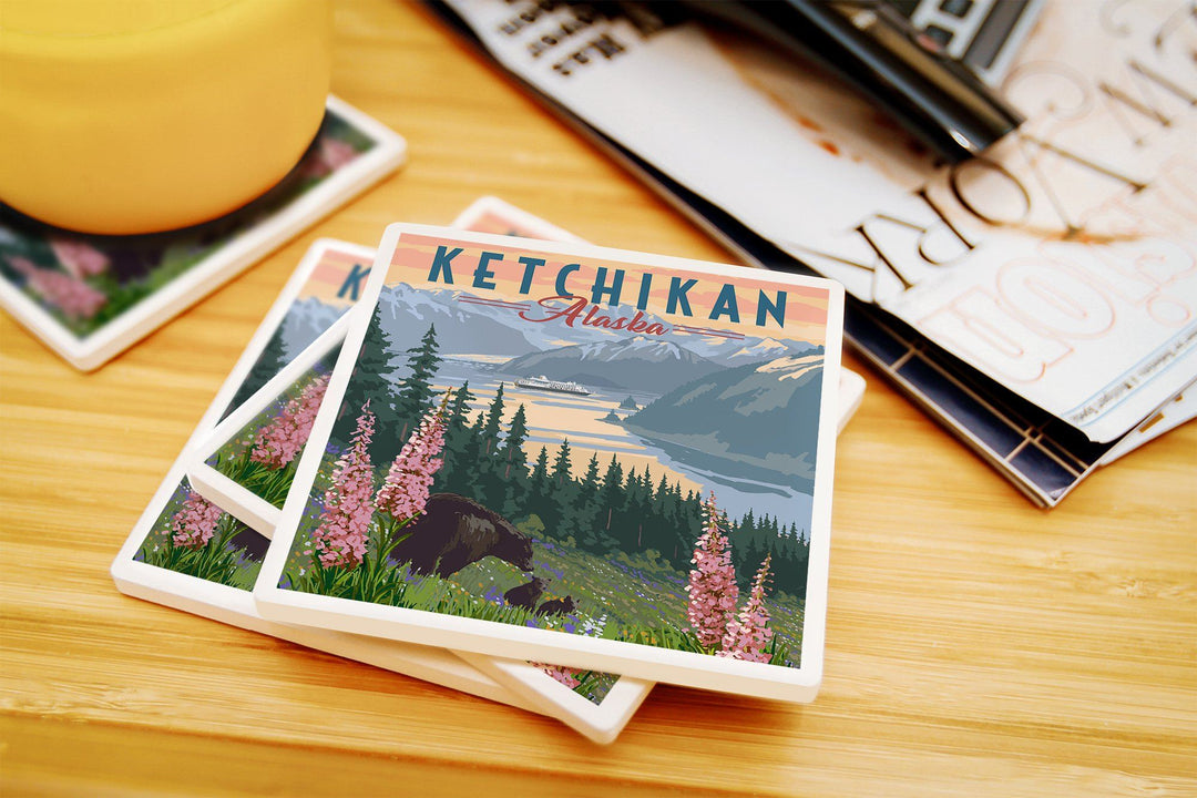 Ketchikan, Alaska, Inside Passage, Bear & Spring Flowers, Lantern Press Artwork, Coaster Set Coasters Lantern Press 