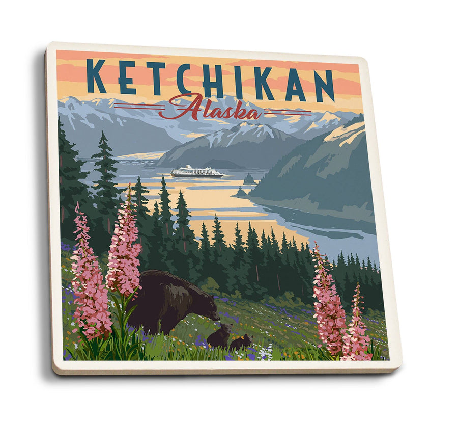 Ketchikan, Alaska, Inside Passage, Bear & Spring Flowers, Lantern Press Artwork, Coaster Set Coasters Lantern Press 