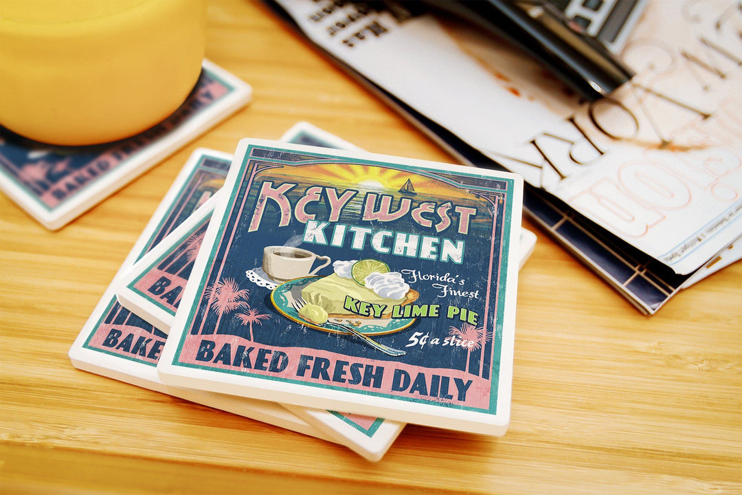Key West, Florida, Key Lime Pie Vintage Sign, Lantern Press Artwork, Coaster Set Coasters Lantern Press 