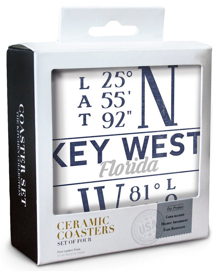 Key West, Florida, Latitude & Longitude (Blue), Lantern Press Artwork, Coaster Set Coasters Lantern Press 
