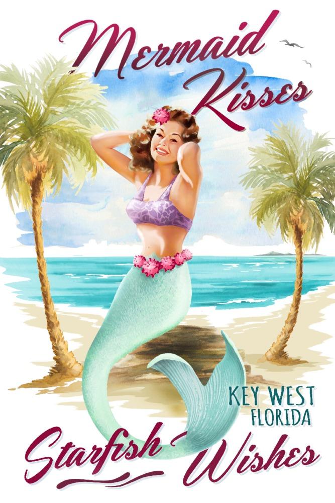 Key West, Florida, Mermaid Kisses & Starfish Wishes, Watercolor, Lantern Press Artwork, Art Prints and Metal Signs Art Lantern Press 12 x 18 Art Print 