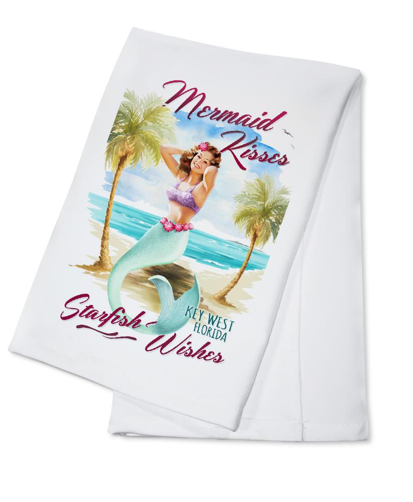 Key West, Florida, Mermaid Kisses & Starfish Wishes, Watercolor, Lantern Press Artwork, Towels and Aprons Kitchen Lantern Press Cotton Towel 