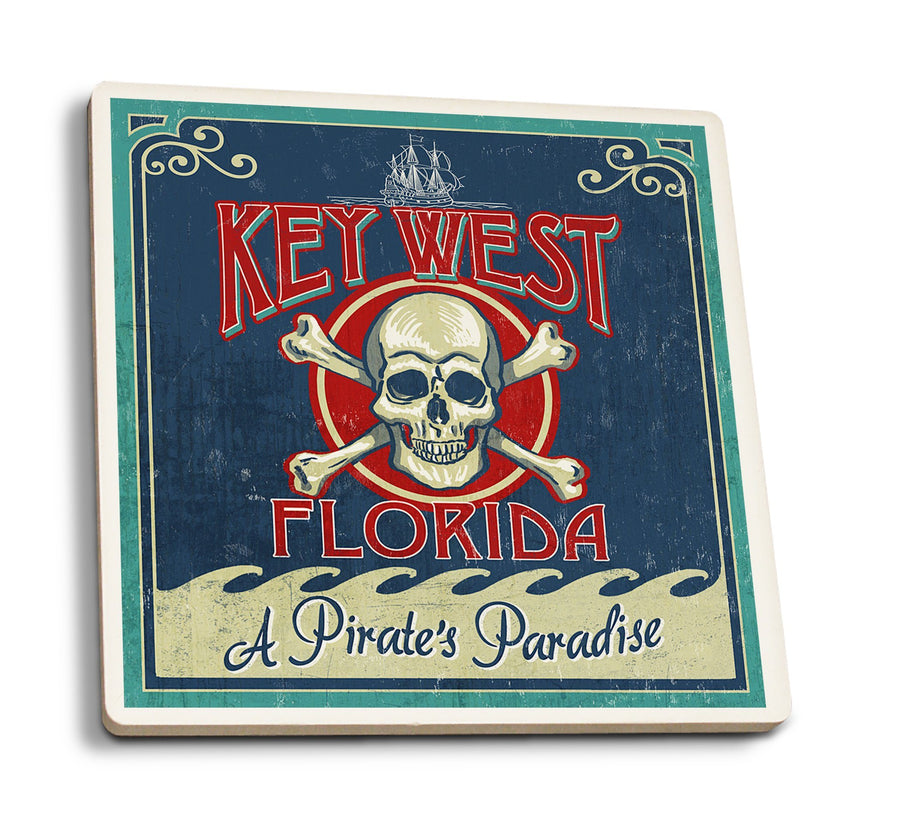 Key West, Florida, Skull & Crossbones, Lantern Press Artwork, Coaster Set Coasters Lantern Press 