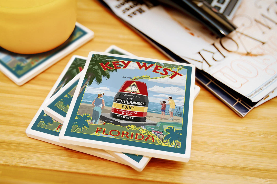 Key West, Florida, Southernmost Point, Lantern Press Artwork, Coaster Set Coasters Lantern Press 