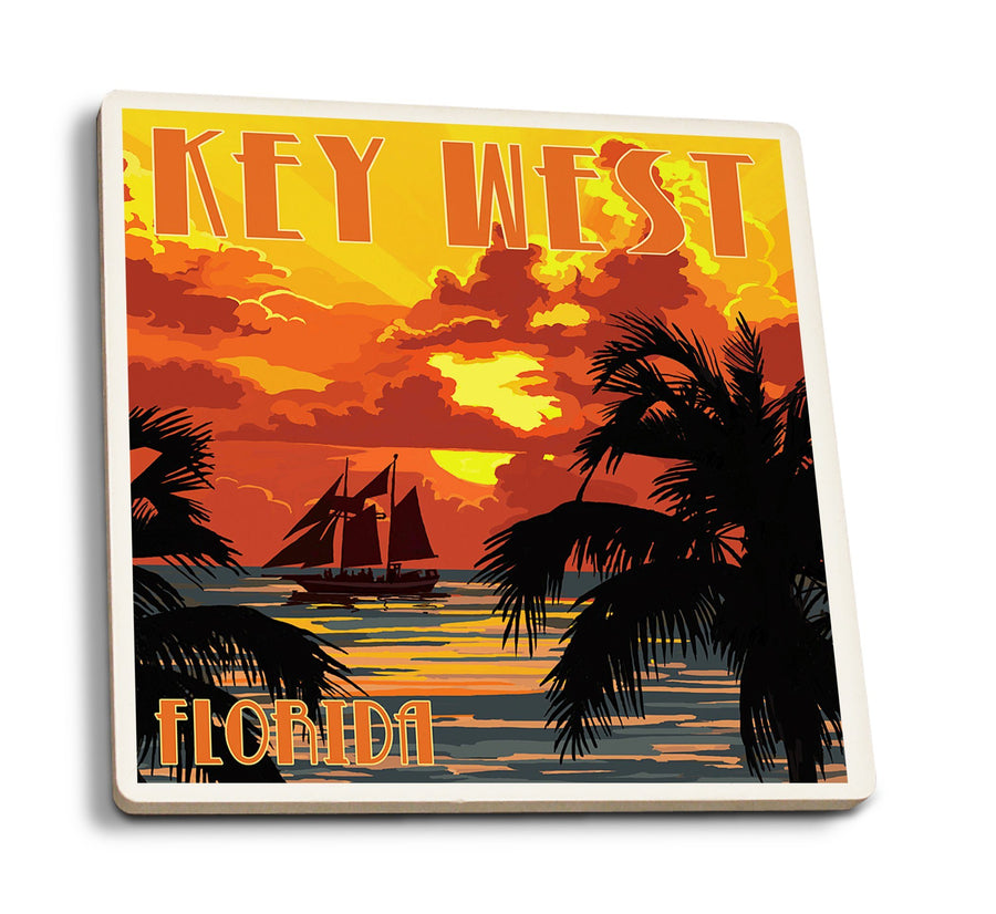 Key West, Florida, Sunset & Ship, Lantern Press Artwork, Coaster Set Coasters Lantern Press 