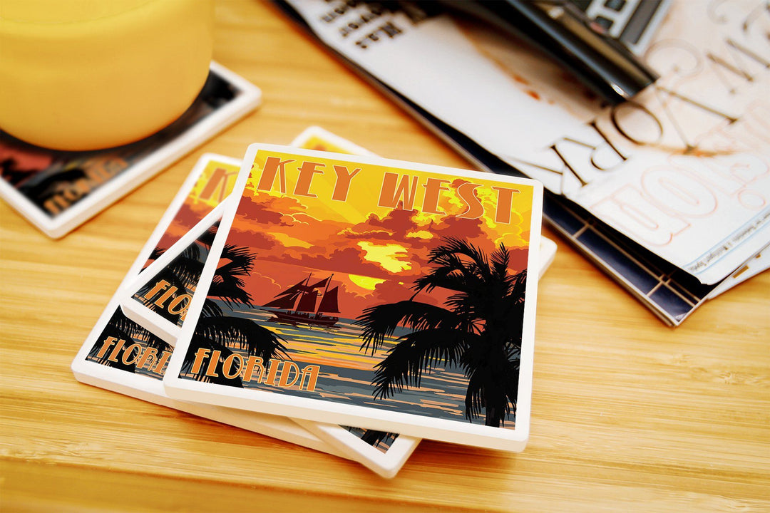 Key West, Florida, Sunset & Ship, Lantern Press Artwork, Coaster Set Coasters Lantern Press 