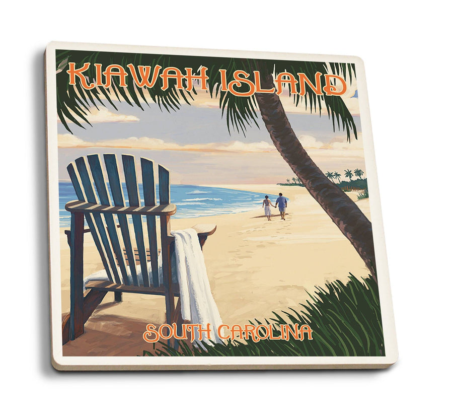 Kiawah Island, South Carolina, Adirondack & Palms, Lantern Press Artwork, Coaster Set Coasters Lantern Press 