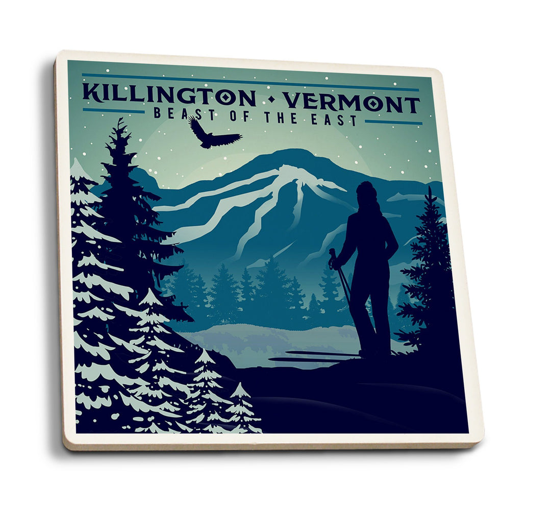 Killington, Vermont, Beast of the East, Skier & Mountain, Lantern Press Artwork, Coaster Set Coasters Lantern Press 
