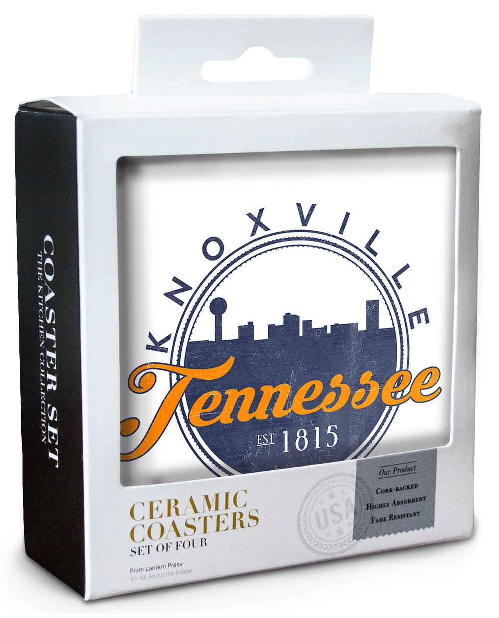 Knoxville, Tennessee, Skyline Badge, Orange & Blue, Contour, Lantern Press Artwork, Coaster Set Coasters Lantern Press 