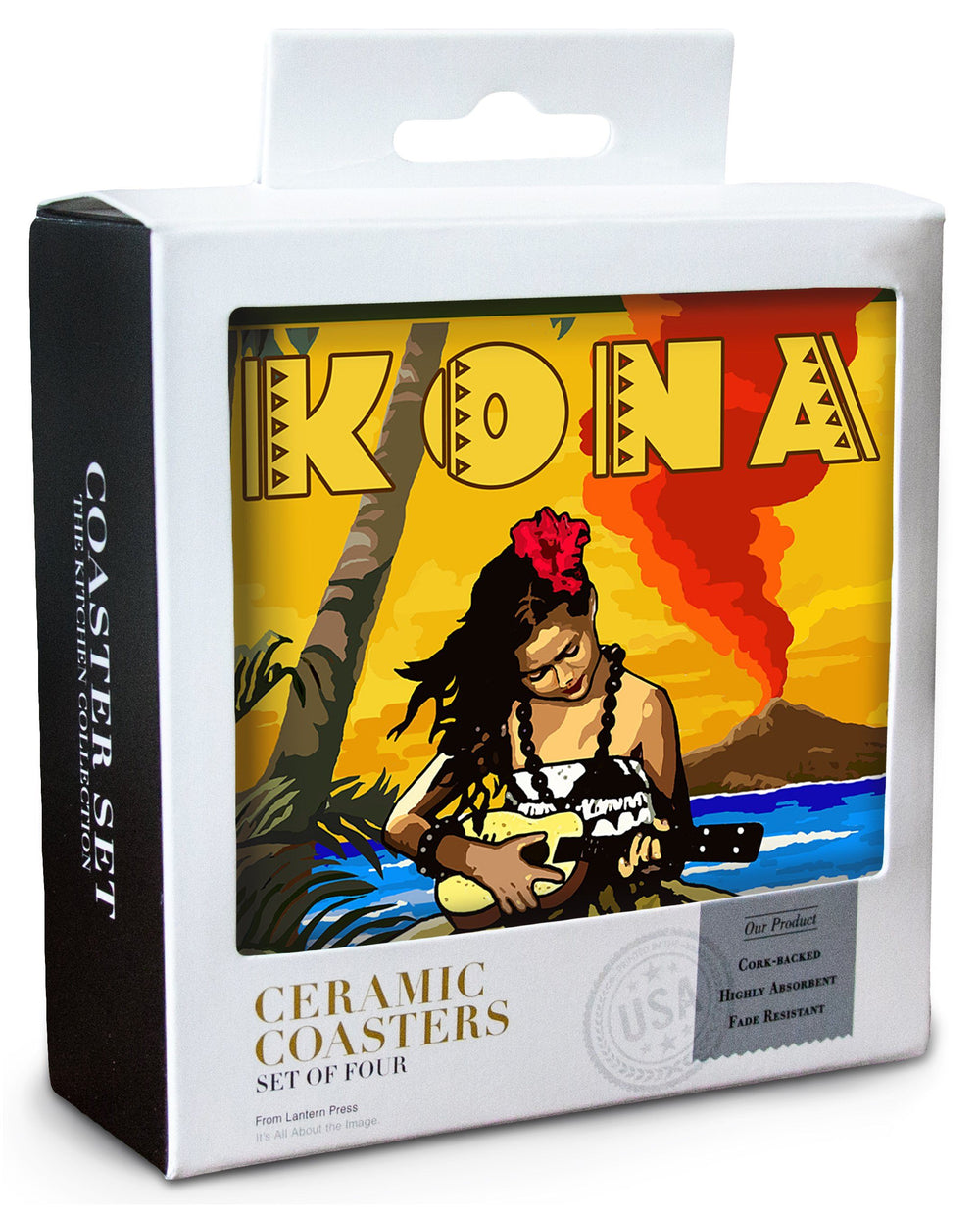 Kona, Hawaii, Hula Girl & Ukulele, Lantern Press Artwork, Coaster Set Coasters Lantern Press 