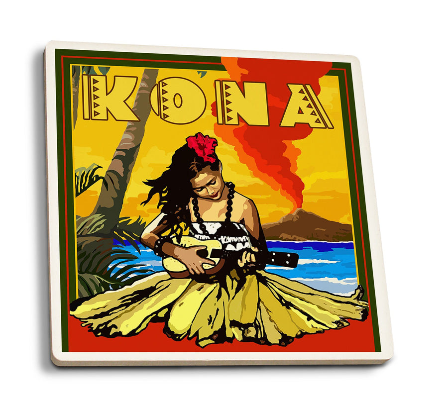 Kona, Hawaii, Hula Girl & Ukulele, Lantern Press Artwork, Coaster Set Coasters Lantern Press 
