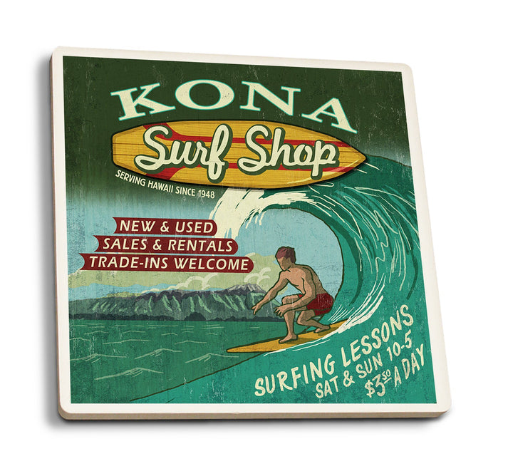 Kona, Hawaii, Surf Shop Vintage Sign, Lantern Press Artwork, Coaster Set Coasters Lantern Press 