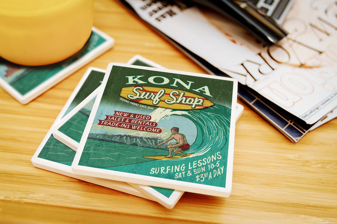 Kona, Hawaii, Surf Shop Vintage Sign, Lantern Press Artwork, Coaster Set Coasters Lantern Press 