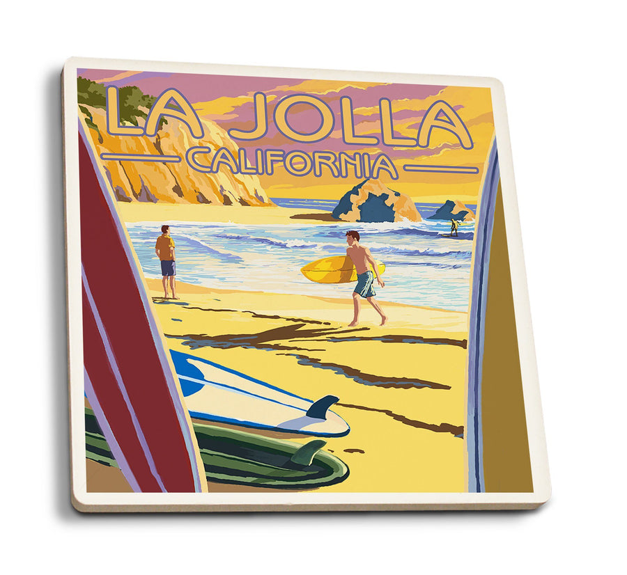 La Jolla, California, Beach & Surfers, Lantern Press Artwork, Coaster Set Coasters Lantern Press 