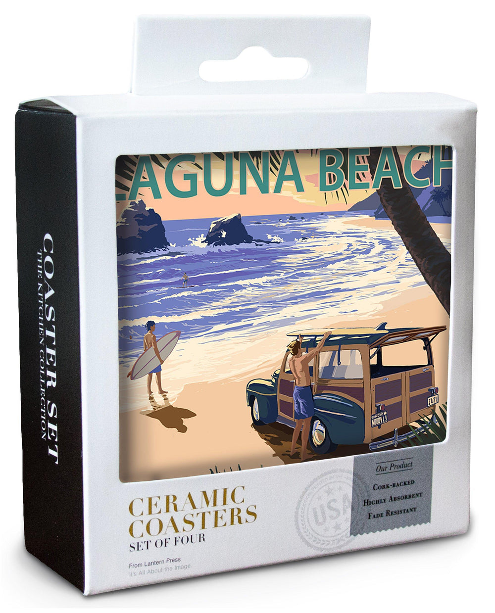 Laguna Beach, California, Woody on the Beach w/ Palm, Lantern Press Poster, Coaster Set Coasters Lantern Press 