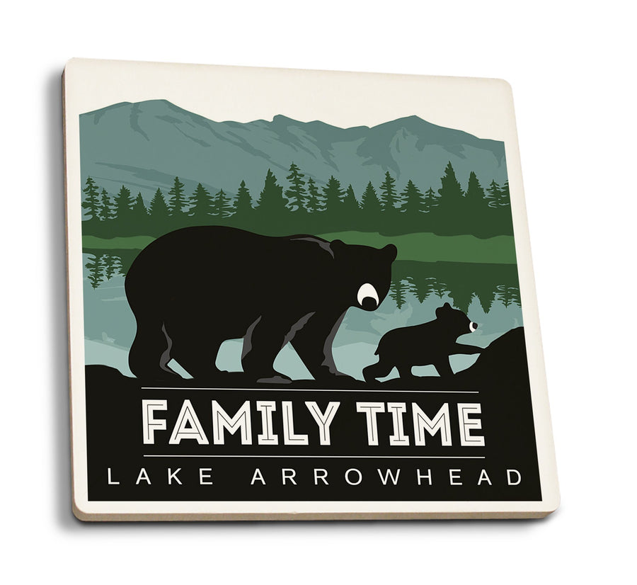 Lake Arrowhead, California, Family Time, Black Bear & Cub, Lantern Press Artwork, Coaster Set Coasters Lantern Press 