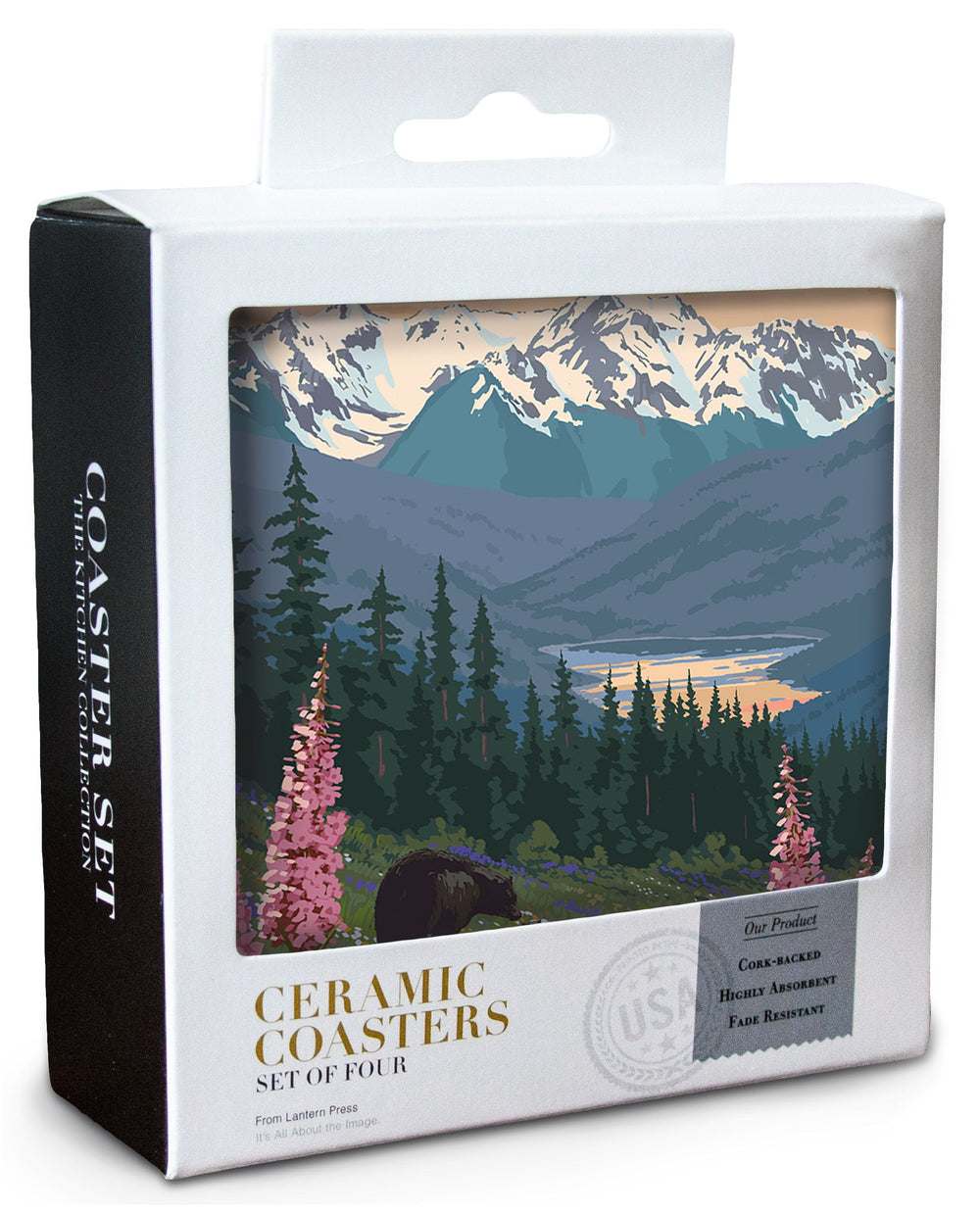 Lake Cushman, Washington, Bear & Spring Flowers, Lantern Press Artwork, Coaster Set Coasters Lantern Press 