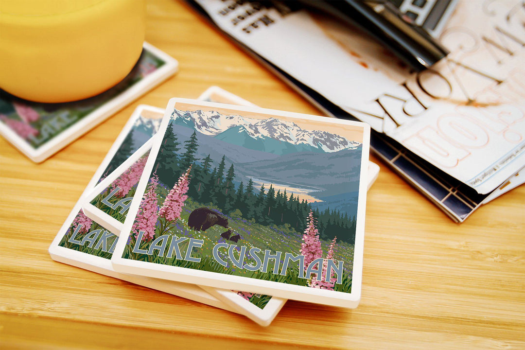 Lake Cushman, Washington, Bear & Spring Flowers, Lantern Press Artwork, Coaster Set Coasters Lantern Press 