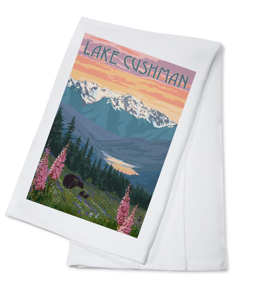 Lake Cushman, Washington, Bear & Spring Flowers, Lantern Press Artwork, Towels and Aprons Kitchen Lantern Press Cotton Towel 