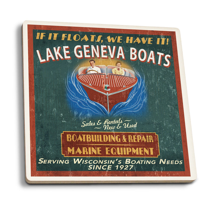 Lake Geneva, Wisconsin, Boat Shop Vintage Sign, Lantern Press Poster, Coaster Set Coasters Lantern Press 