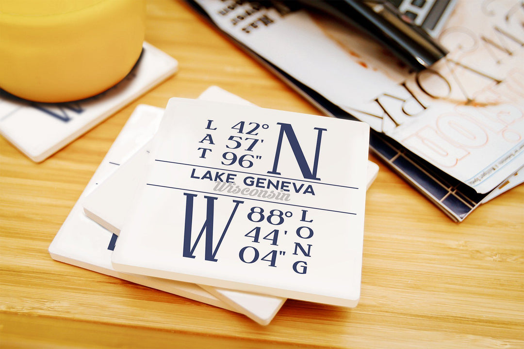 Lake Geneva, Wisconsin, Latitude & Longitude, Lantern Press Artwork, Coaster Set Coasters Lantern Press 