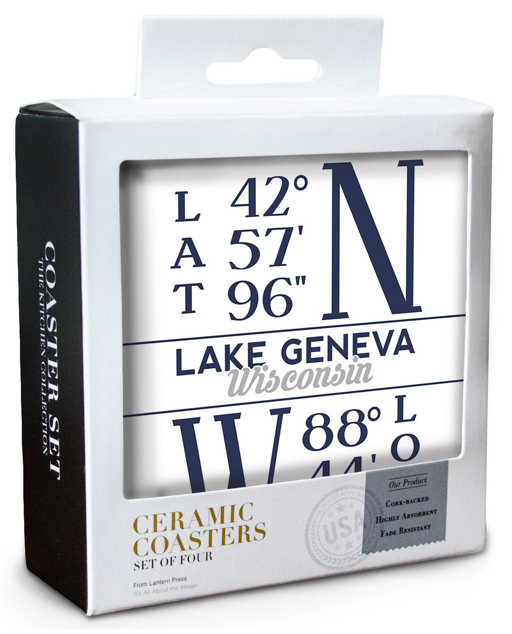 Lake Geneva, Wisconsin, Latitude & Longitude, Lantern Press Artwork, Coaster Set Coasters Lantern Press 