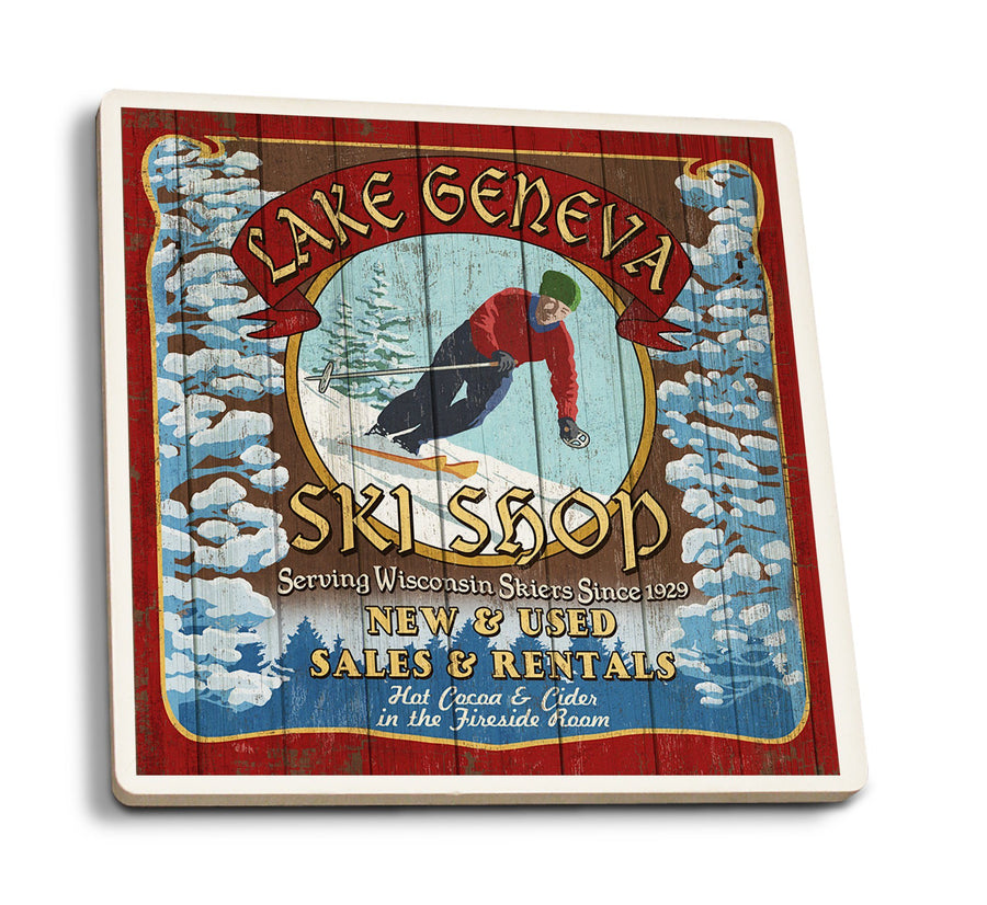 Lake Geneva, Wisconsin, Ski Shop Vintage Sign, Lantern Press Poster, Coaster Set Coasters Lantern Press 